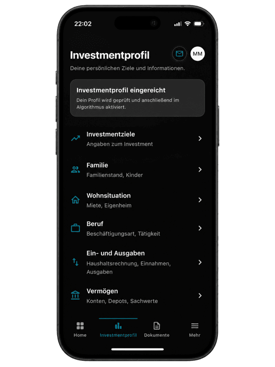 App-Mockup Investmentprofil